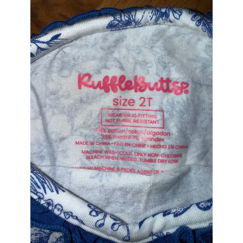 RuffleButts Pajama Set Toddler Girls 2T Blue White Floral Toile Excellent Ruffle